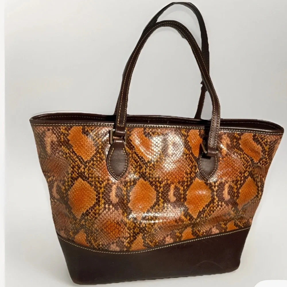 Dooney & Bourke Leather & Python Snakeskin Style Brown & Orange Shoulder Bag - Picture 2 of 16